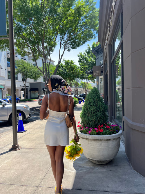 MINIMALIST BOAT NECK LOW BACK FITTED MINI DRESS
